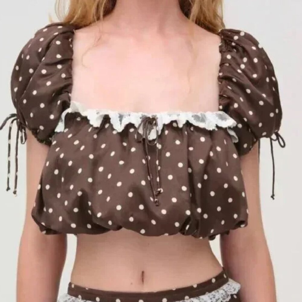 For Love & Lemons Brown Polka Dot Puff Sleeve Crop Top